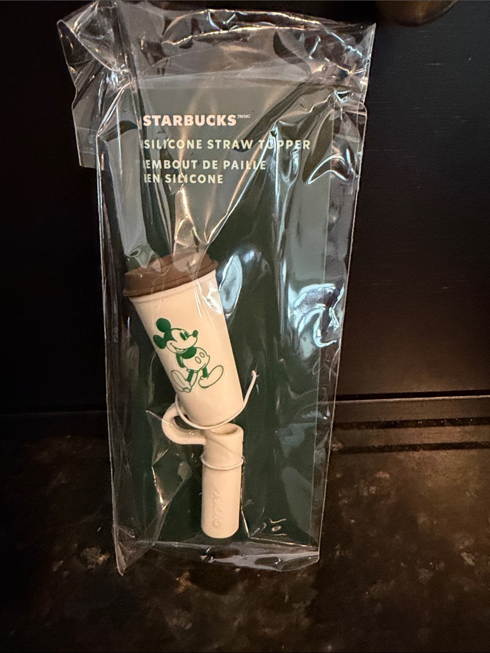Starbucks White Silicone Straw Stopper with Brown Lid and Green Mickey